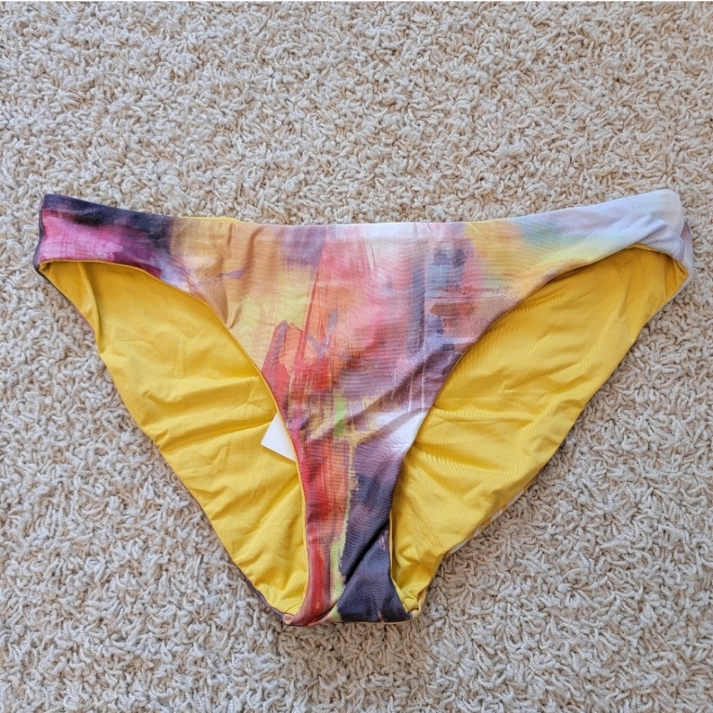 BECCA Bikini Bottom Paint Print Reversible Ruched Booty Size Large NWT